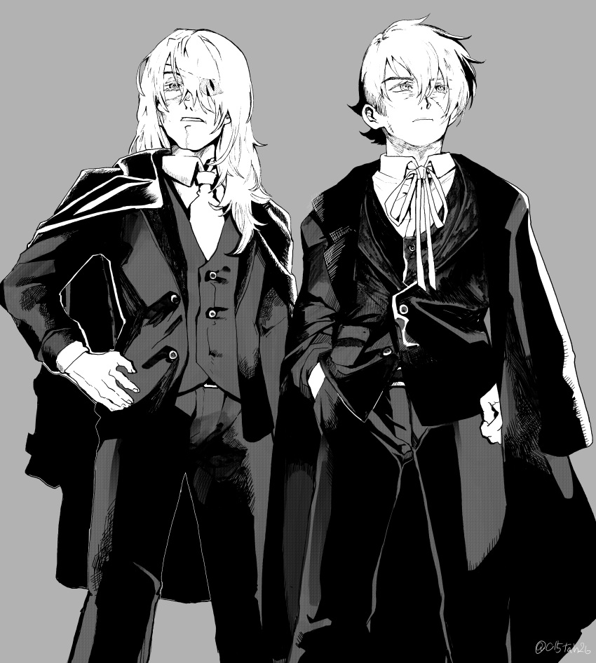2boys, absurdres, artist_name, black_jack_(character), black_jack_(series), coat, coat_on_shoulders, collared_shirt