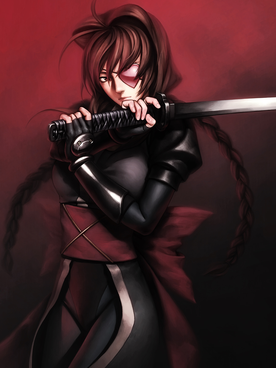 braid, brown_hair, eyepatch, fingerless_gloves, gloves, heart, heart_eyepatch, highres