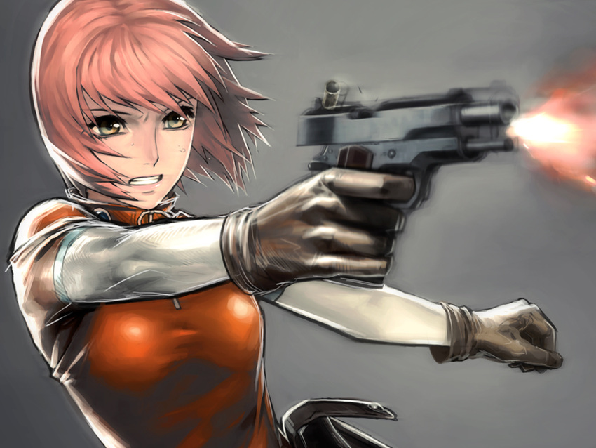 foreshortening, gloves, gradient, grey, gun, handgun, iwai_ryo, iwai_ryou, mezzo_danger_service_agency, mezzo_forte, motion_blur, pink_hair, pistol, recoil, short_hair, solo, suzuki_mikura, sweat, weapon, yellow_eyes