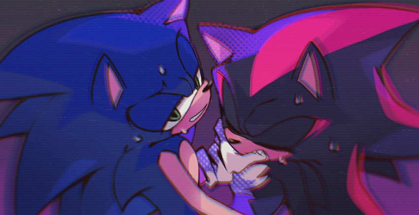 2boys, animal_ears, animal_nose, biting, biting_another's_hand, chromatic_aberration, closed_eyes, commentary, furry, furry_male, gloves, green_eyes, half-closed_eyes, highres, looking_at_viewer, male_focus, merry_bongbong, multiple_boys, scanlines, shadow_the_hedgehog, simple_background, sonic_(series), sonic_the_hedgehog, sweat, upper_body, white_gloves, yaoi