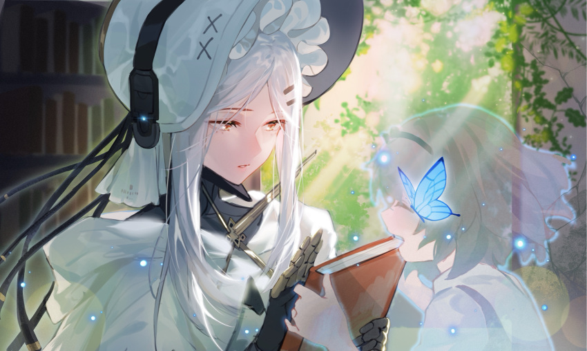 2girls, aged_down, black_undershirt, blue_butterfly, bonnet, book, bookshelf, bug