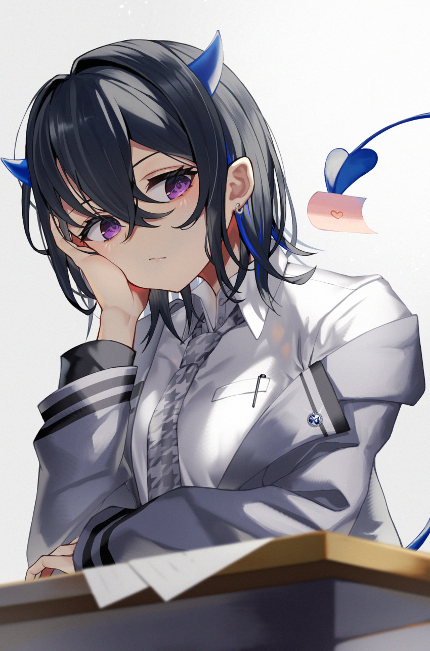 1girl, black_hair, blazer, blue_hair, blue_horns, blue_tail, breast_pocket, breasts