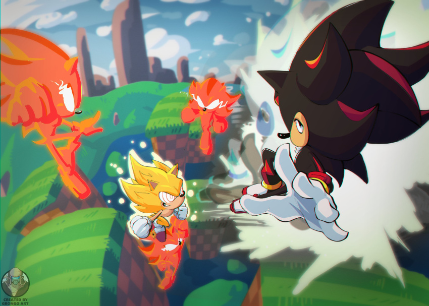 5boys, @_@, absurdres, animal, animal_nose, artist_name, aura, battle, black_fur, blue_sky, clenched_hand, clone, clouds, dark_persona, evil_super_sonic, faceoff, fighting, flying, furry, furry_male, gloves, gold_bracelet, grass, green_hill_zone, grongo_art, hedgehog, hedgehog_ears, hedgehog_tail, highres, hill, jewelry, multicolored_fur, multiple_boys, red_eyes, red_footwear, red_fur, ringed_eyes, rivalry, shadow_the_hedgehog, shoes, sky, smile, smirk, sneakers, snout, socks, sonic_(series), sonic_the_comic, sonic_the_hedgehog, striped, super_sonic, super_sonic_(fleetway), tail, two-tone_fur, watermark, white_gloves, white_socks, yellow_fur