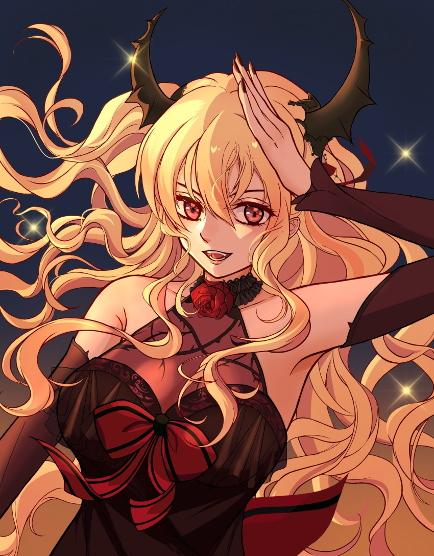 1girl, alisa_reinford, blonde_hair, demon_horns, detached_sleeves, double-parted_bangs, dress, eiyuu_densetsu