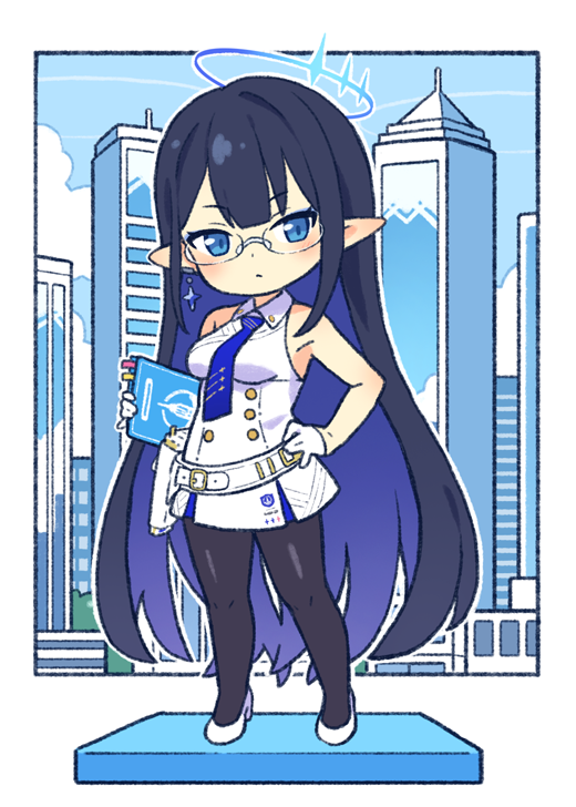 1girl, black_hair, black_pantyhose, blue_archive, blue_eyes, blue_hair, blue_halo, blue_necktie