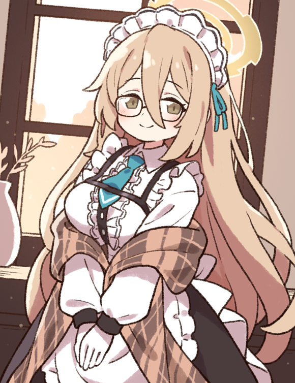 1girl, akane_(blue_archive), apron, blue_archive, blue_necktie, breasts, brown_eyes, brown_hair