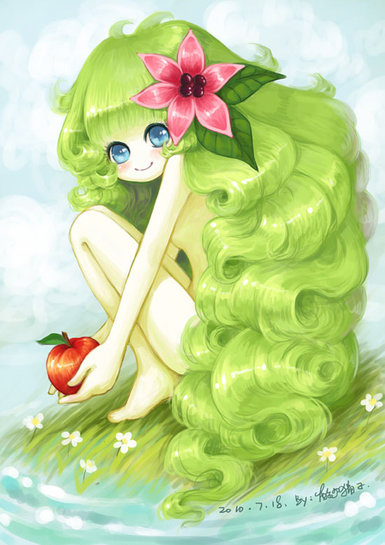 blue_eyes, blush, flower, food, fruit, green_hair, hair_flower, hair_ornament