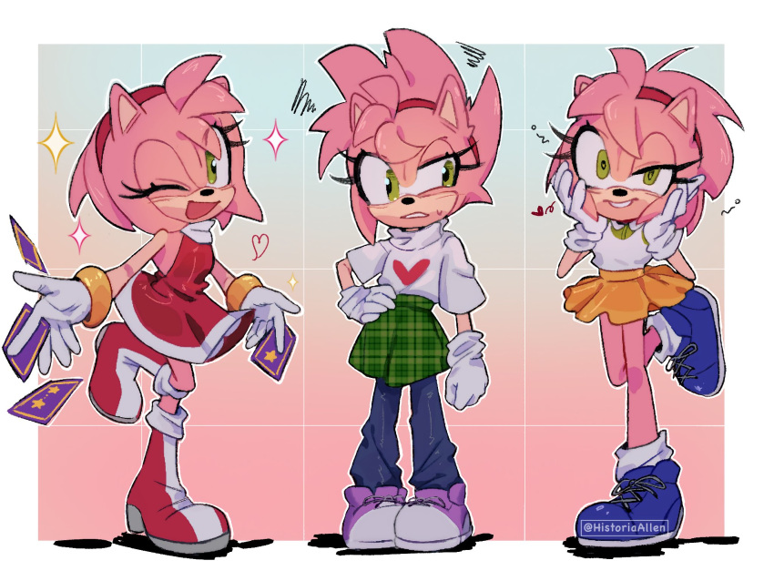 1girl, :d, ahoge, alternate_costume, amy_rose, animal_ears, animal_nose, artist_name