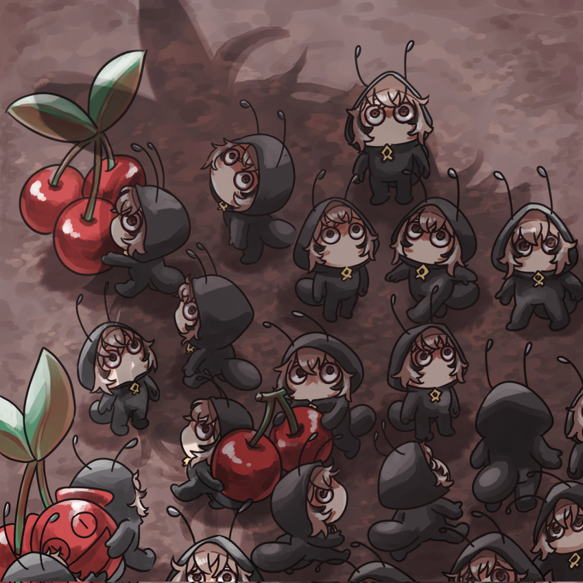 6+girls, ant, ant_costume, antennae, berry, black_eyes, brown_eyes, brown_hair