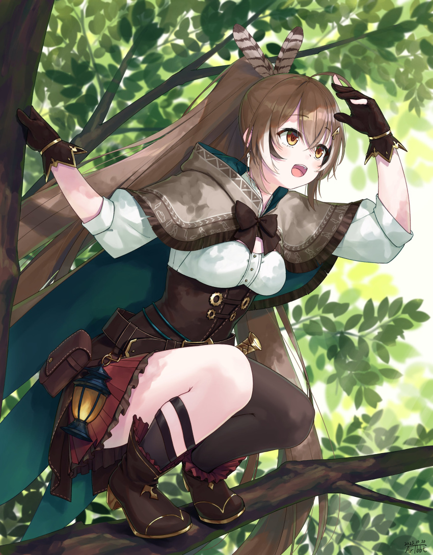 1girl, :d, absurdres, ahoge, ankle_boots, arm_up, asymmetrical_legwear, belt
