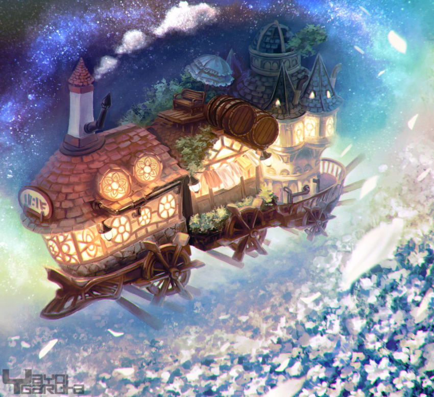 aircraft, airship, fantasy, field, flower, flower_field, flying_house, garutaisa
