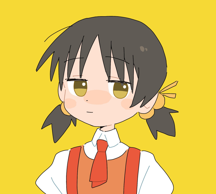 1girl, black_hair, blush_stickers, collared_shirt, hair_bobbles, hair_ornament, highres, jitome
