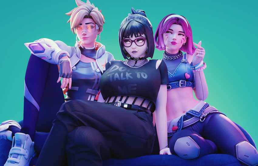 3d, 3girls, alternate_hair_color, black-framed_eyewear, black_choker, black_hair, black_lips, blonde_hair