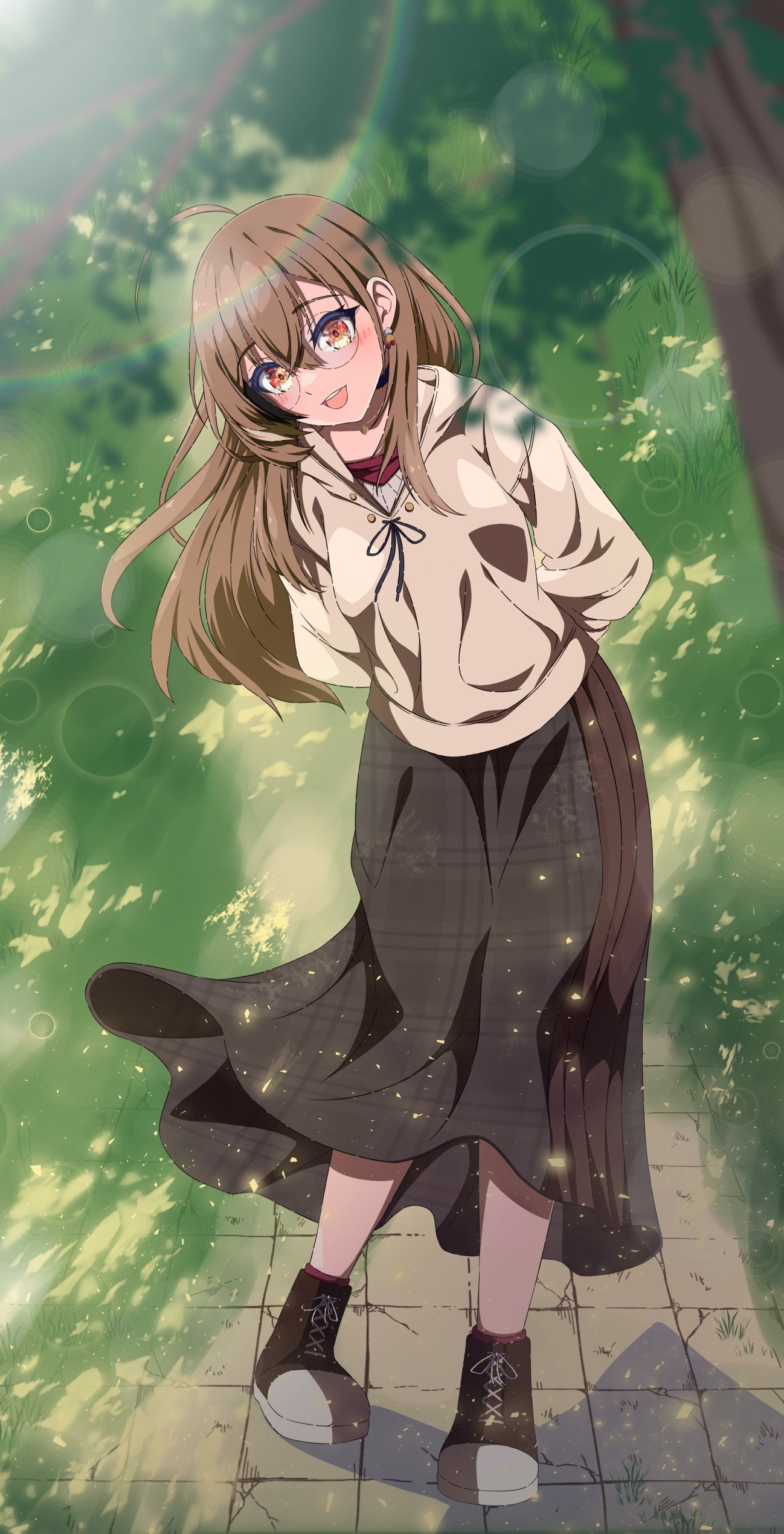 1girl, :d, absurdres, ahoge, berry, brown_eyes, brown_footwear, brown_hair