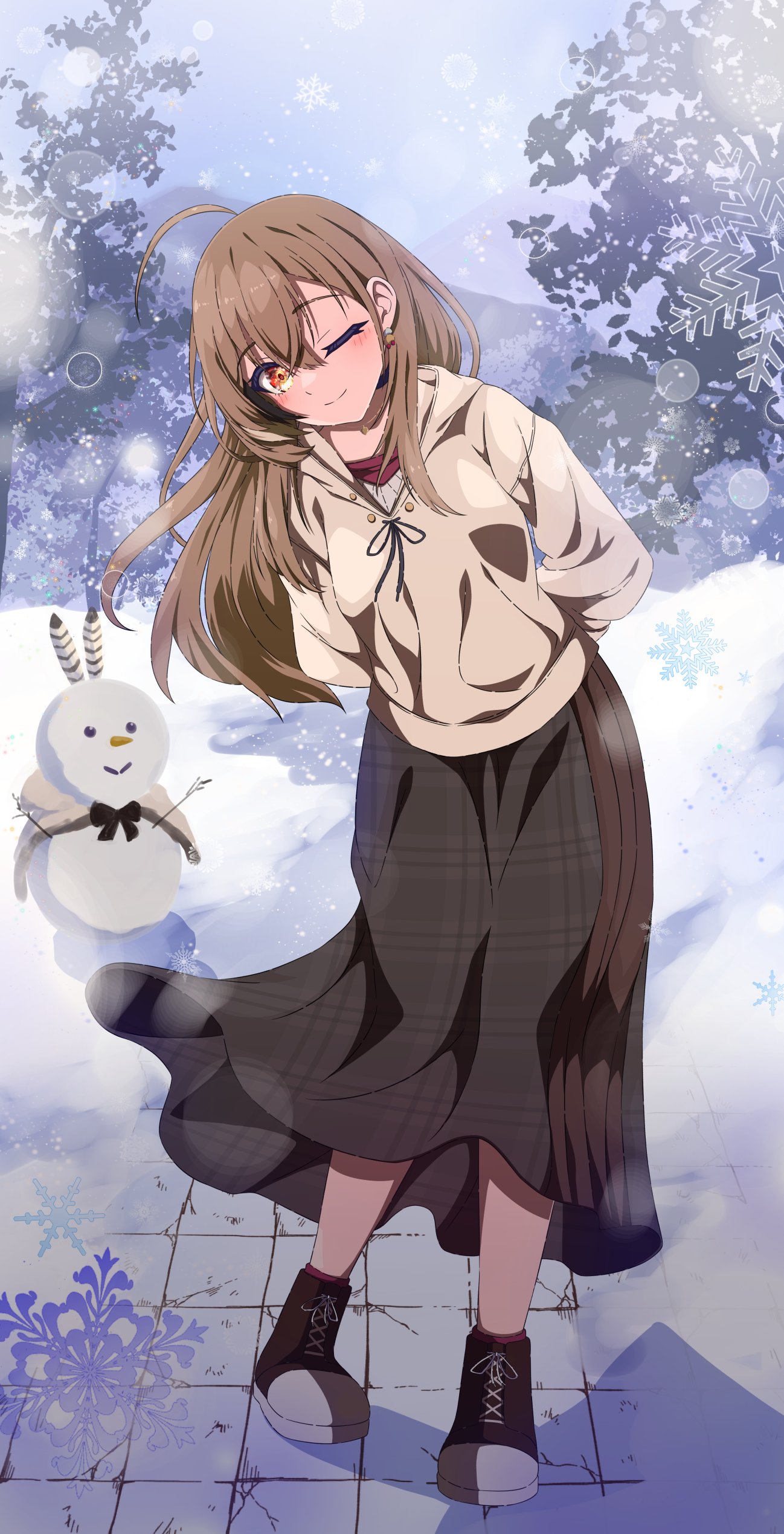 1girl, absurdres, ahoge, berry, brown_cloak, brown_eyes, brown_footwear, brown_hair, brown_hoodie, brown_skirt, cloak, crossed_bangs, danball_shiro, earrings, feathers, food-themed_earrings, high_tops, highres, hololive, hololive_english, hood, hoodie, jewelry, lens_flare, long_hair, long_skirt, mountain, multicolored_hair, nanashi_mumei, nanashi_mumei_(3rd_costume), official_alternate_costume, one_eye_closed, pleated_skirt, red_shirt, red_socks, ribbon, shirt, shoes, skirt, sneakers, snow, snowing, snowman, socks, streaked_hair, sweater, tiles, tree, virtual_youtuber, white_sweater, winter