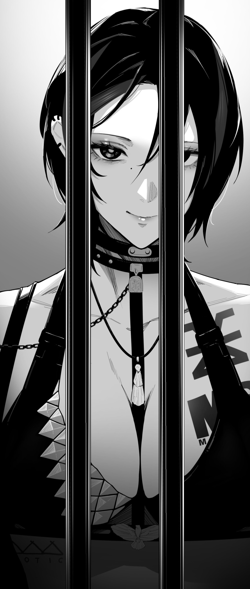 absurdres, black_bra, black_hair, bra, chain, chest_tattoo, collar, commentary_request