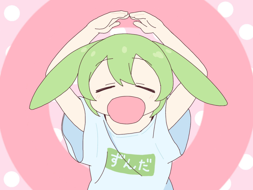 1girl, =_=, arms_up, blue_shirt, commentary_request, ears_down, facing_viewer, green_hair