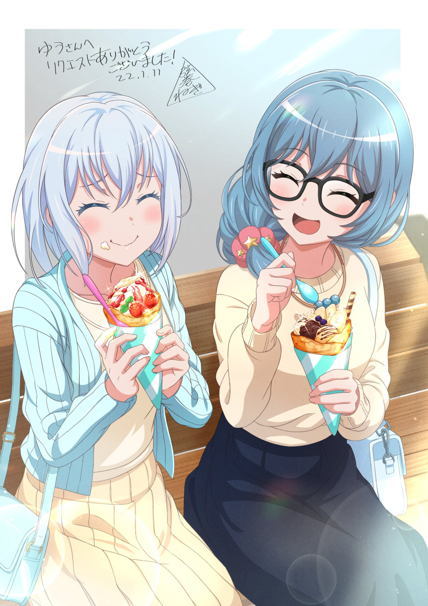 2girls, ^_^, absurdres, aqua_jacket, asahi_rokka, bag, bang_dream!, bench