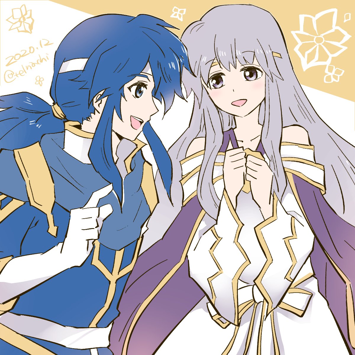1boy, 1girl, blue_eyes, blue_hair, brother_and_sister, circlet, dress, fire_emblem, fire_emblem:_genealogy_of_the_holy_war, headband, highres, long_hair, looking_at_another, open_mouth, ponytail, purple_hair, siblings, simple_background, te1nachi, violet_eyes, white_headband