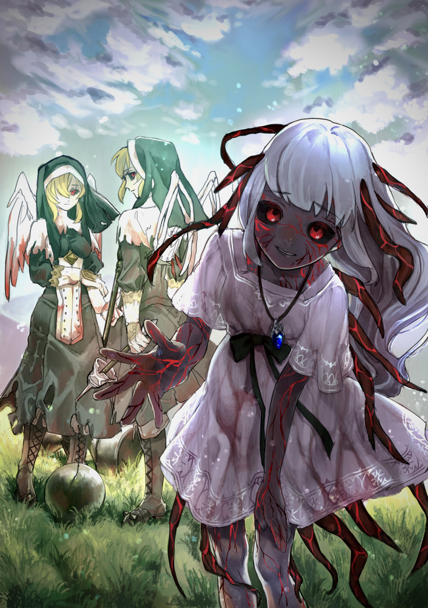 3girls, absurdres, asuran_1-sei, ball_and_chain_(weapon), black_dress, black_ribbon, black_sclera, blonde_hair