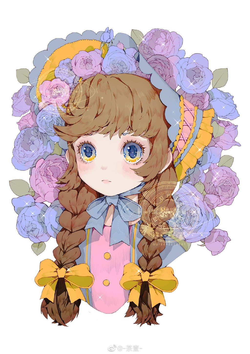 1girl, blue_bow, blue_bowtie, blue_dress, blue_eyes, blue_flower, blue_headwear, blue_pupils