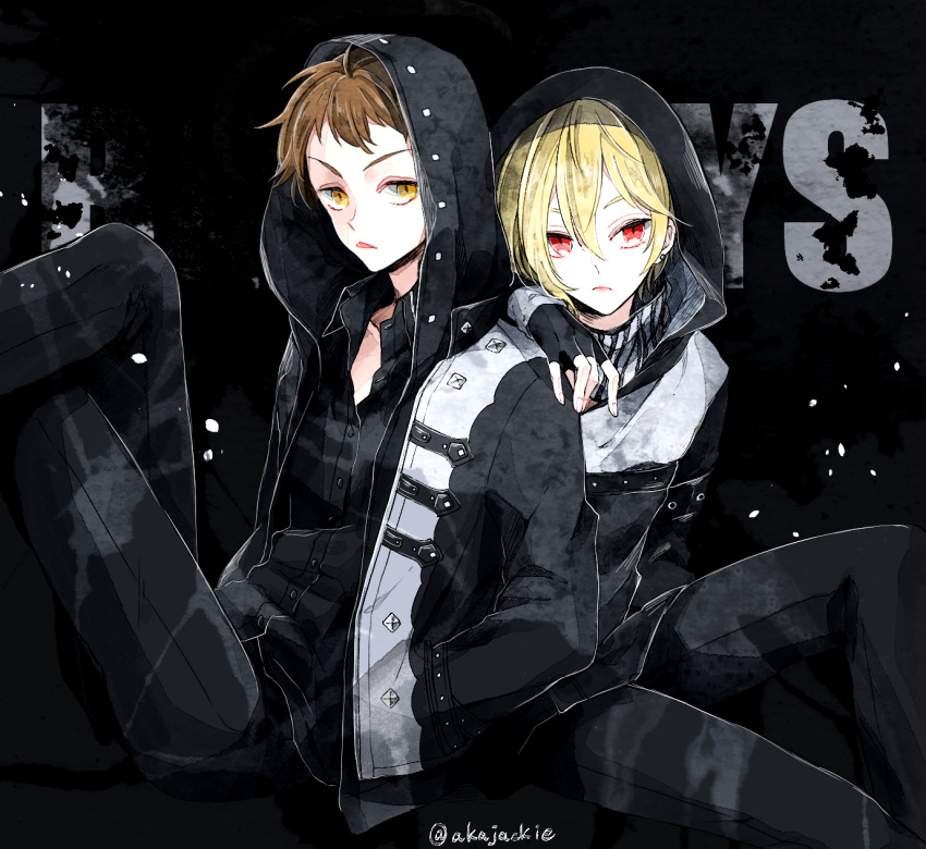 2boys, akazaki_(sxlan), alternate_costume, black_gloves, black_hoodie, black_jacket, black_pants, black_shirt