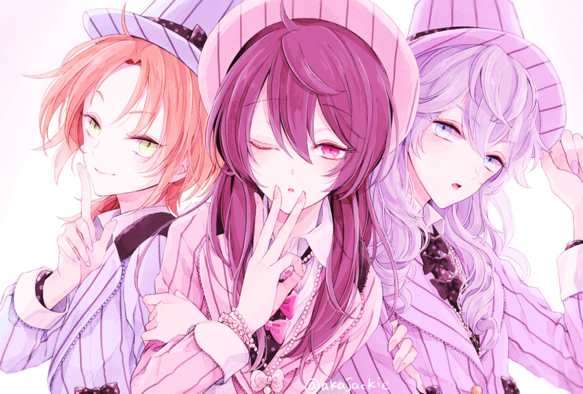 3girls, akazaki_(sxlan), blue_eyes, closed_mouth, ensemble_stars!, genderswap, genderswap_(mtf), green_eyes