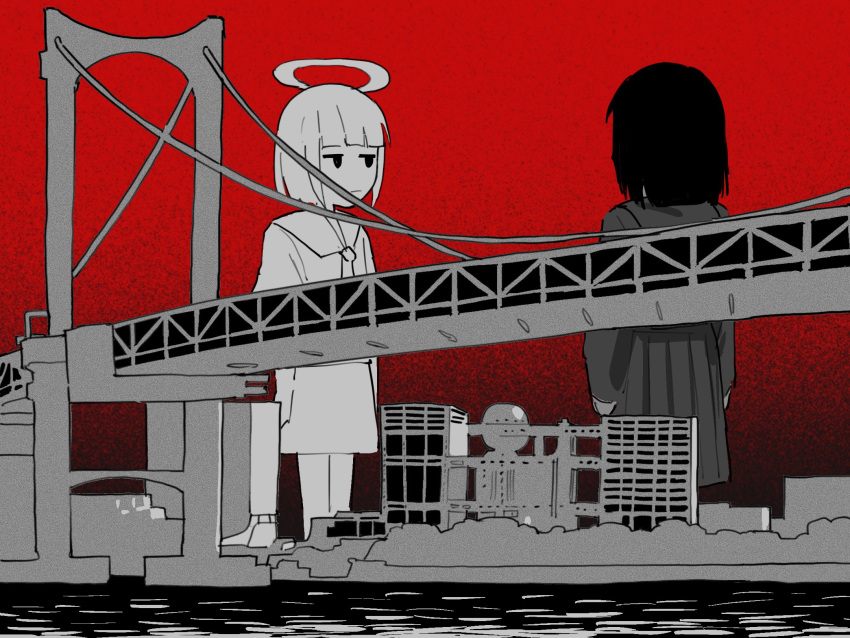 2girls, :|, arms_at_sides, be_be_be_be_(cevio), blunt_bangs, bridge, building, city