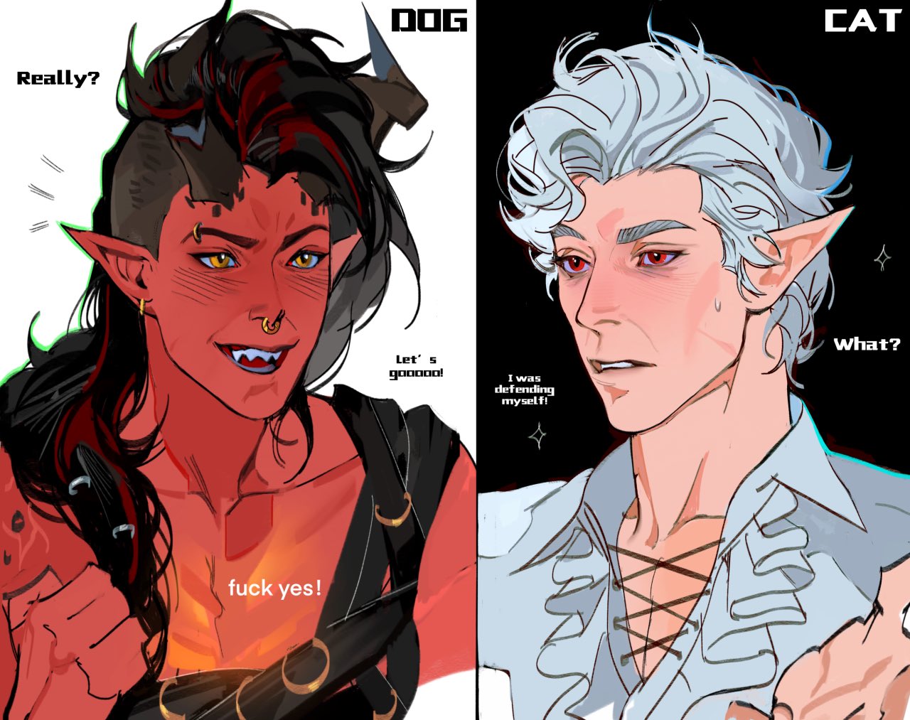 1boy, 1girl, :d, astarion_(baldur's_gate), asymmetrical_hair, baldur's_gate, baldur's_gate_3, black_background