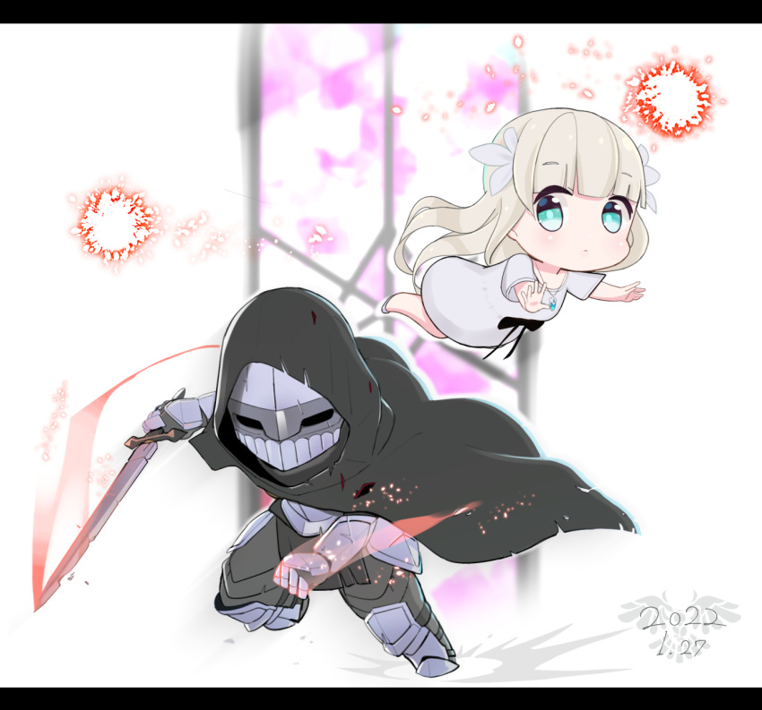 1boy, 1girl, aqua_eyes, armor, chibi, cloak, commentary_request, dress, ender_lilies_quietus_of_the_knights, flintlock_(bb1-dog-to-free), floating, full_armor, full_body, grey_dress, grey_hair, hair_ornament, highres, holding, holding_sword, holding_weapon, hood, hood_up, hooded_cloak, jewelry, lily_(ender_lilies), long_hair, necklace, pendant, spirit, sword, umbral_knight_(ender_lilies), weapon