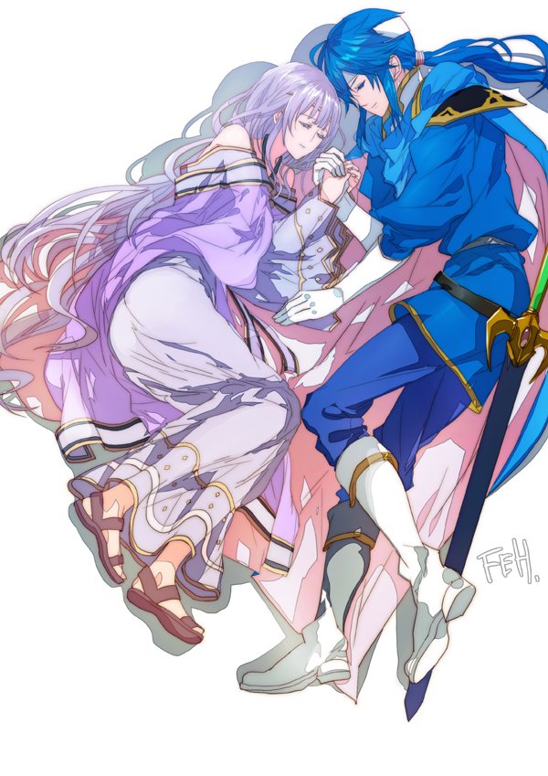 1boy, 1girl, blue_hair, brother_and_sister, cape, circlet, closed_eyes, dress