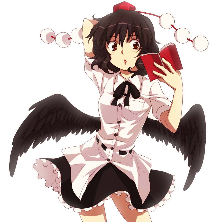 brown_hair, hat, kebin, kibin, red_eyes, shameimaru_aya, short_hair, solo