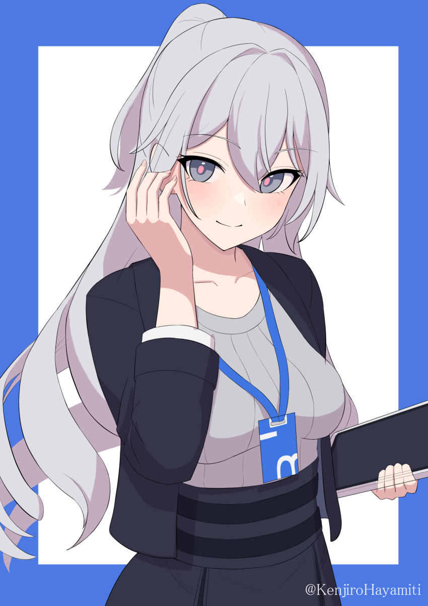 1girl, black_jacket, black_skirt, blue_background, blush, breasts, bronya_rand, character_request, check_character, collarbone, commentary_request, grey_eyes, grey_hair, grey_shirt, hair_between_eyes, hand_up, high-waist_skirt, highres, holding, honkai:_star_rail, honkai_(series), jacket, kenjirohayamiti, lanyard, long_hair, medium_breasts, open_clothes, open_jacket, pleated_skirt, ponytail, shirt, skirt, solo, tablet_pc, twitter_username, two-tone_background, very_long_hair, white_background