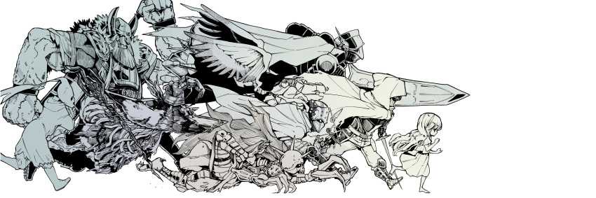 3girls, 6+boys, absurdres, armor, barefoot, beard, cloak, commentary_request