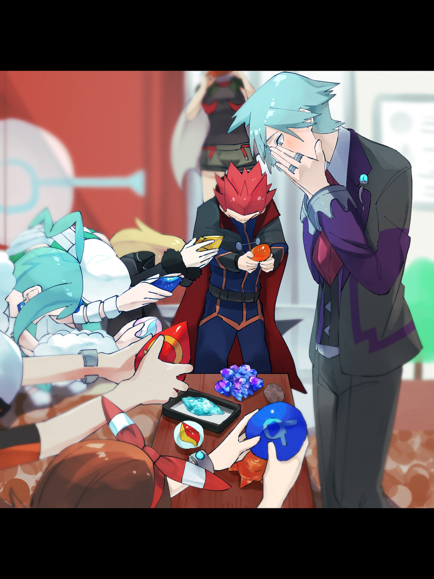 4boys, 4girls, ahoge, beanie, belt, black_cape, blonde_hair, blue_jacket, blue_orb_(pokemon), blue_pants, blurry, blush, bow_hairband, bracelet, brendan_(pokemon), brown_hair, cape, collared_shirt, commentary_request, cynthia_(pokemon), danshi_koukou_valentine_(meme), depth_of_field, earrings, green_eyes, green_hair, hairband, hands_up, hat, highres, holding, jacket, jewelry, lance_(pokemon), lisia_(pokemon), long_sleeves, may_(pokemon), meme, multiple_boys, multiple_girls, necktie, pants, pokemon, pokemon_(game), pokemon_dppt, pokemon_hgss, pokemon_oras, red_hairband, red_necktie, red_orb_(pokemon), redhead, ring, sekiro_(skrn_14), shirt, short_hair, spiky_hair, standing, steven_stone, table, vest, wallace_(pokemon), white_headwear, zinnia_(pokemon)