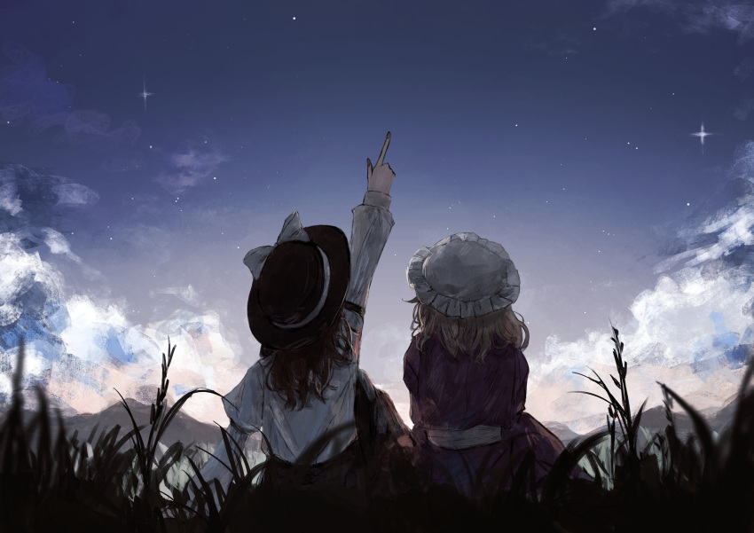 2girls, absurdres, agasa_(akasa_anodan), black_garter, black_hair, black_headwear, black_skirt, blonde_hair