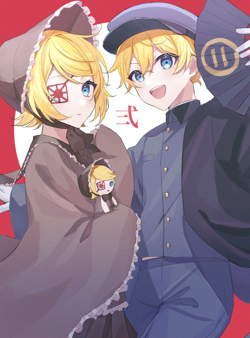 :d, blonde_hair, bonnet, cowboy_shot, doll, expressionless, eyepatch, folding_fan, hand_fan, hat, highres, kagamine_len, kagamine_rin, looking_at_viewer, military_hat, military_uniform, ni_no_sakura_kouchou_(module), ni_no_sakura_senbu_(module), official_alternate_costume, official_alternate_hairstyle, rabu_(pixiv_38571565), senbon-zakura_(vocaloid), senbonzakura_(vocaloid), short_hair, smile, uniform, vocaloid