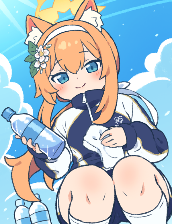 1girl, animal_ear_fluff, animal_ears, blue_archive, blue_eyes, blue_jacket, blue_shorts, blue_sky