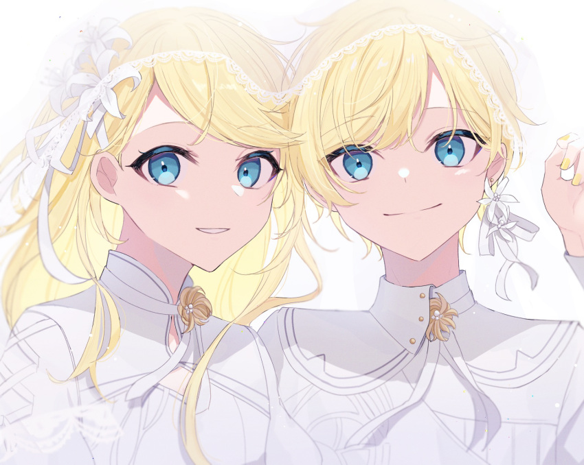 1boy, 1girl, blonde_hair, blue_eyes, colorful_festival_(project_sekai), earrings, flower, hair_flower