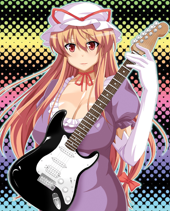 blonde_hair, elbow_gloves, gloves, guitar, instrument, long_hair, mifune_yatsune, red_eyes