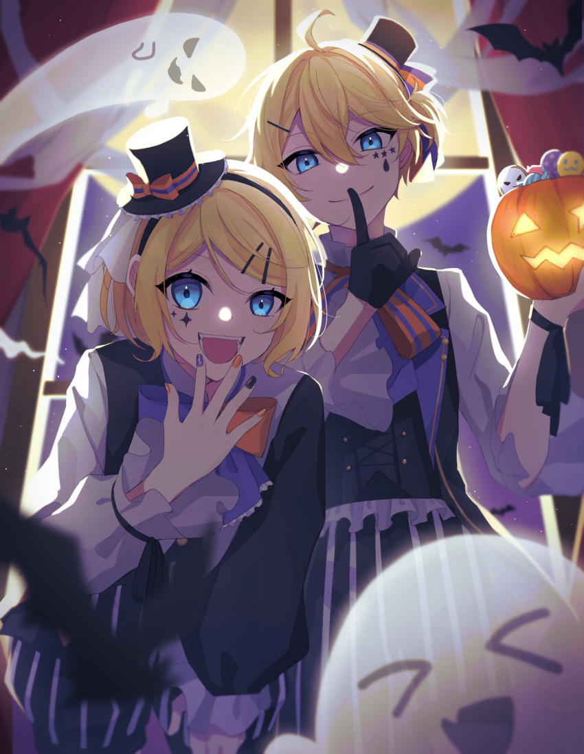 1boy, 1girl, :d, alternate_costume, bat_(animal), black_gloves, blonde_hair, blue_eyes