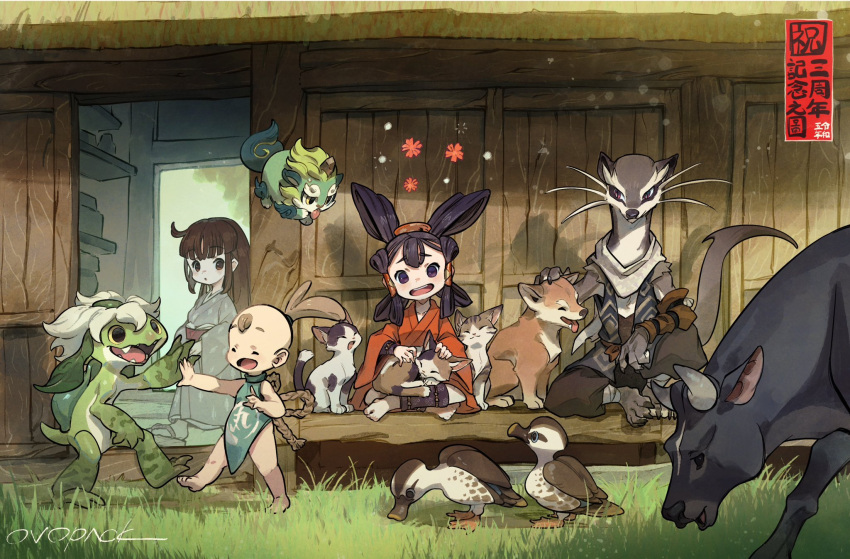 2girls, 3boys, ashigumo, bald_spot, barefoot, bird, black_eyes, black_hair