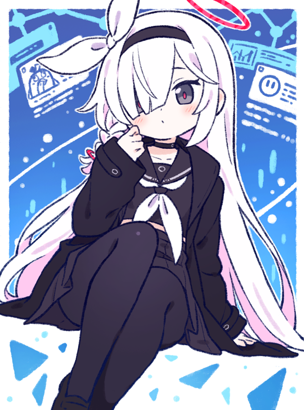 1girl, black_choker, black_coat, black_eyes, black_footwear, black_hairband, black_pantyhose, black_sailor_collar