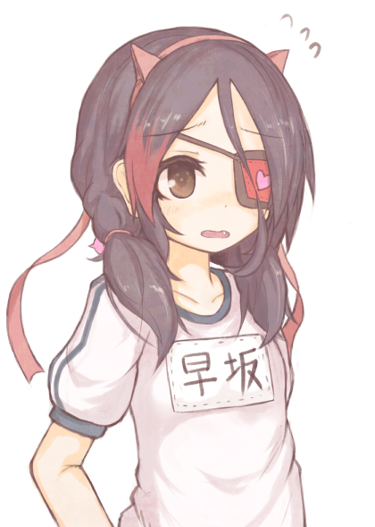 1girl, alternate_costume, blush, collarbone, eyepatch, fake_horns, fang, flying_sweatdrops