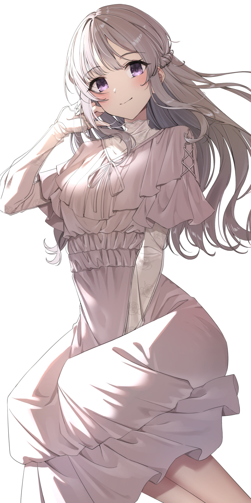 1girl, absurdres, arm_between_legs, blush, braid, dress, floating_hair, gawawawa