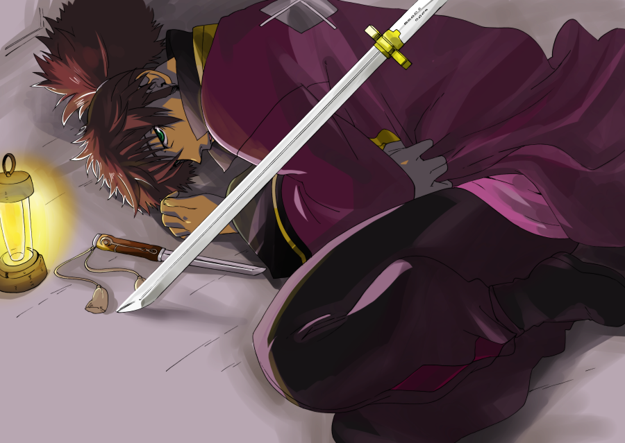 black_hair, green_eyes, grey_background, kiriku_(nakuro), knife, lamp, lying, male
