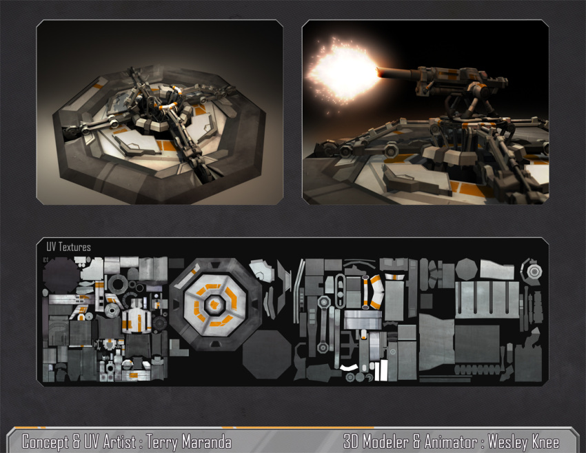 3d, artist_name, auxilirae, cannon, commentary, concept_art, eve_online, fire, firing, from_side, machinery, multiple_views, muzzle_flash, no_humans, original, realistic, reference_sheet, science_fiction, terry_maranda, turret, wesley_knee