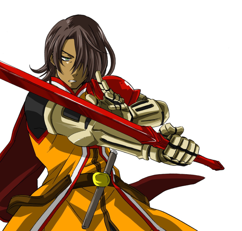 alternate_costume, armor, belt, black_hair, cape, dagger, green_eyes, highres