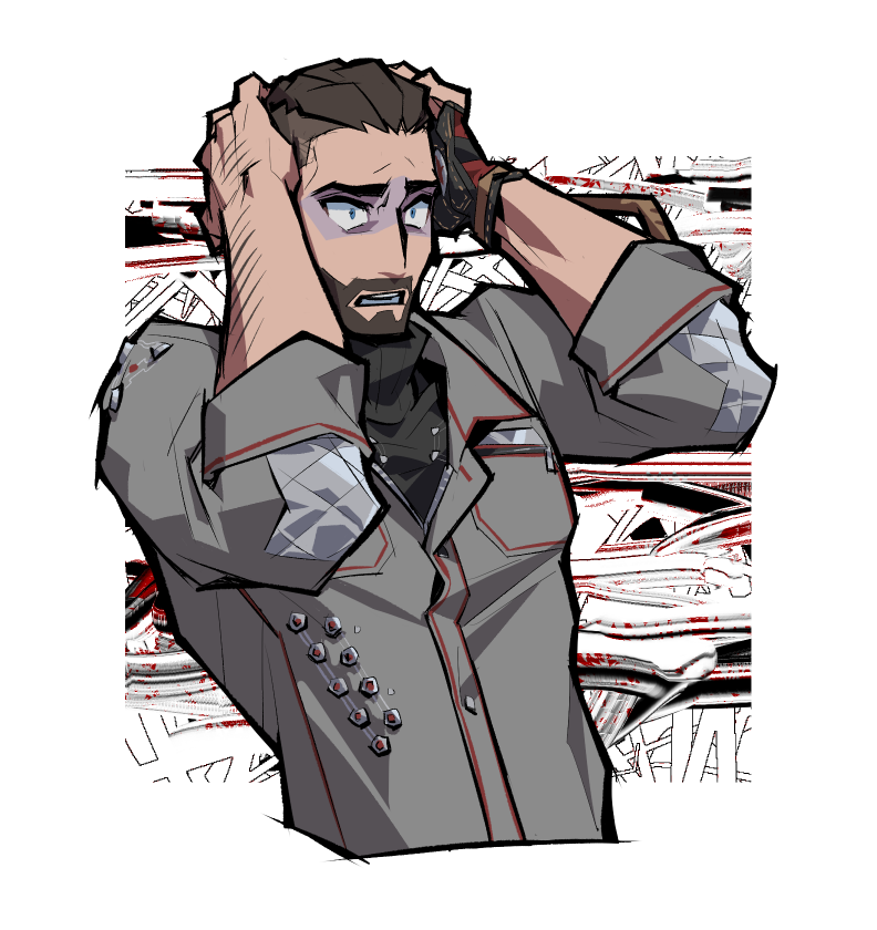 1boy, abstract_background, arm_hair, atomic_heart, constricted_pupils, cropped_torso, distress, facial_hair