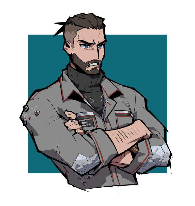 1boy, arm_hair, atomic_heart, cropped_torso, crossed_arms, disgust, facial_hair, frown